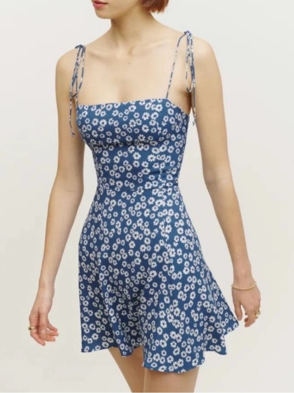 Reformation Presley Blue White Floral Mini Dress Tie Straps Size 6 EUC